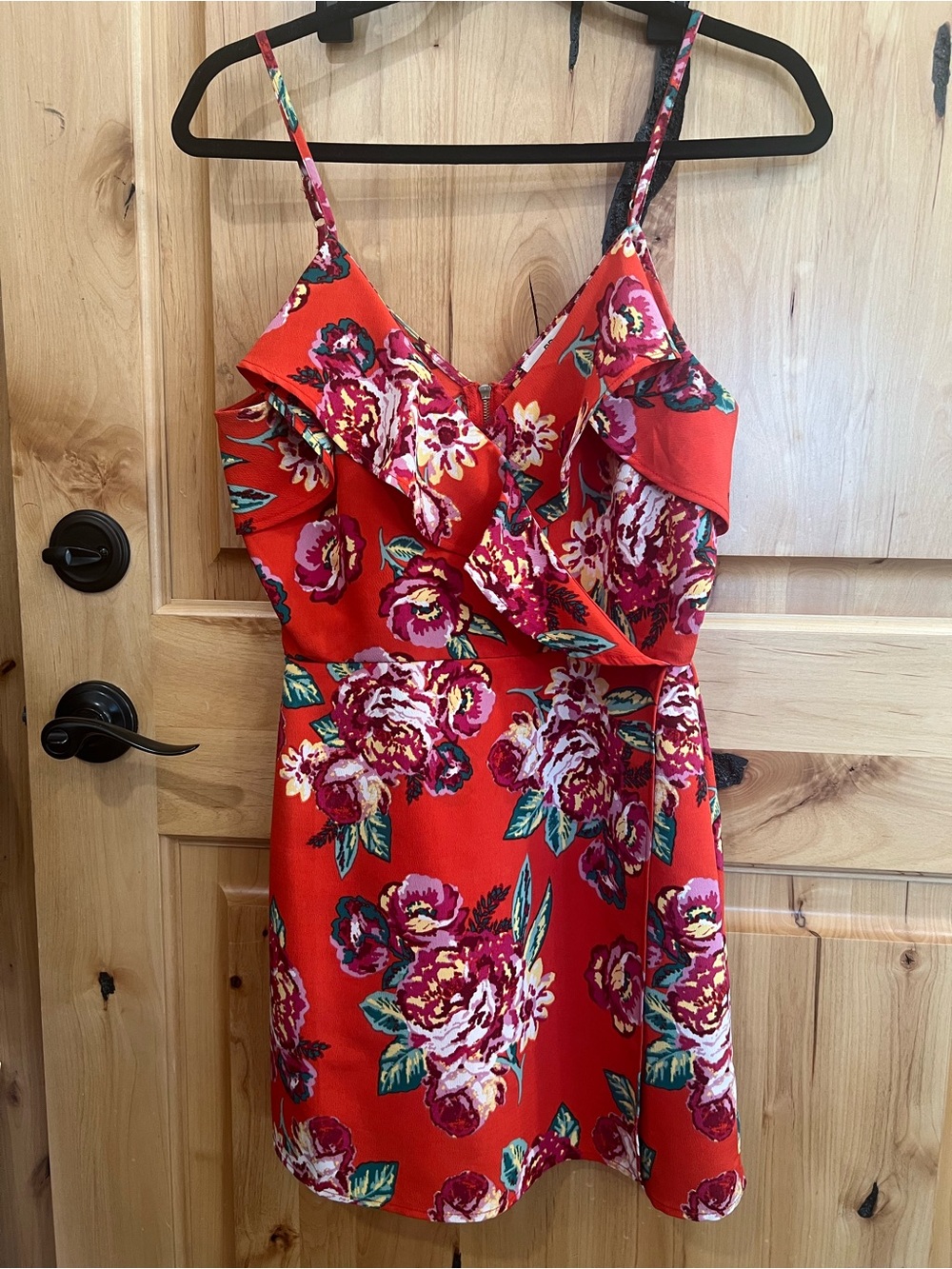 bp Red Sweetheart Floral Ruffle-Trim Romper